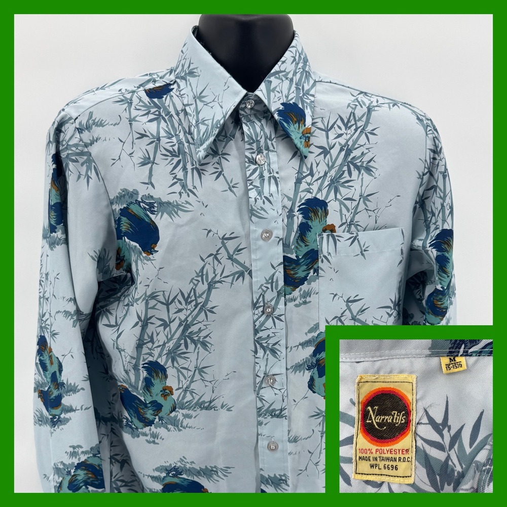 Narra Life Vintage Rooster Bamboo Print Long Sleeve Shirt Mens‎ Medium
